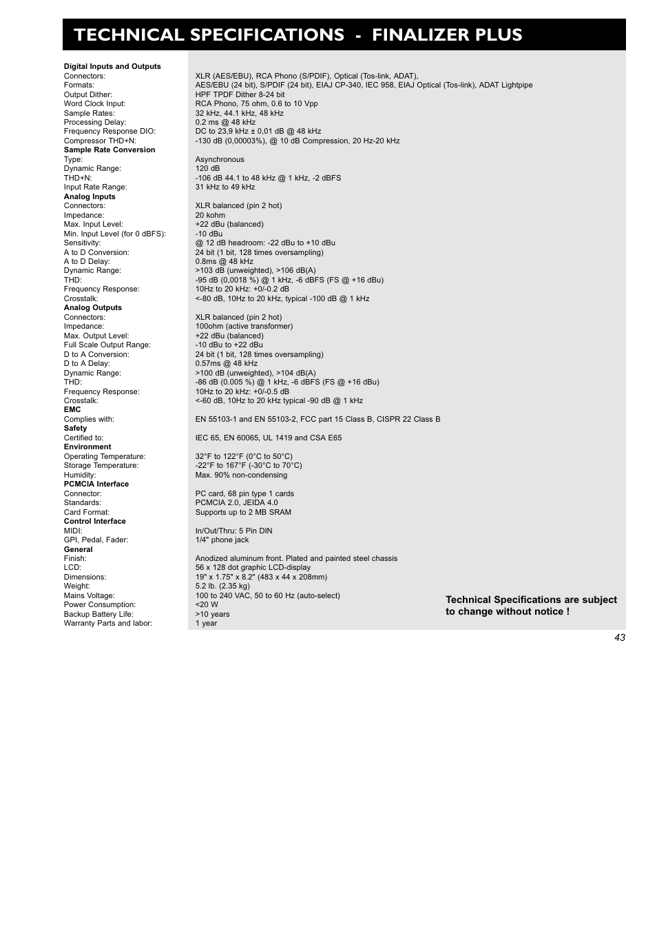 Technical specifications - finalizer plus | TC Electronic Finalizer 96k User Manual | Page 43 / 56