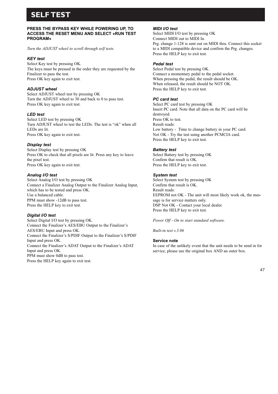 Self test | TC Electronic Finalizer 96k User Manual | Page 47 / 56