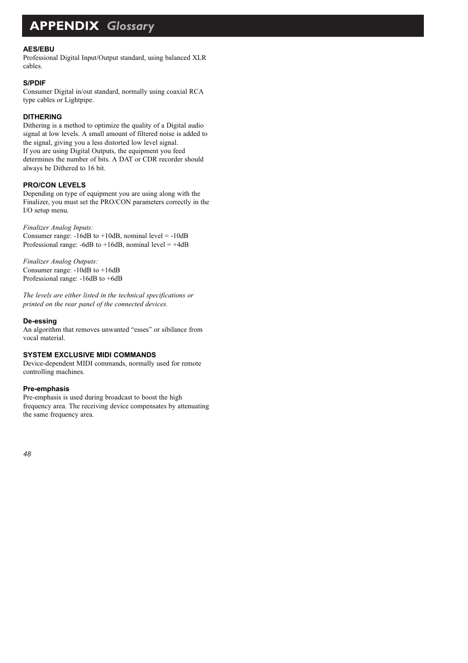 Appendix glossary | TC Electronic Finalizer 96k User Manual | Page 48 / 56