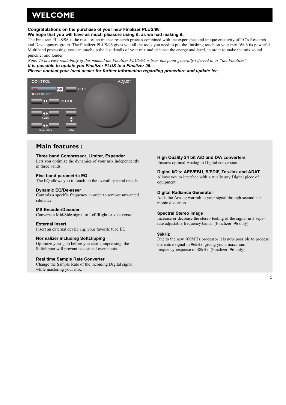 Welcome, Main features | TC Electronic Finalizer 96k User Manual | Page 5 / 56