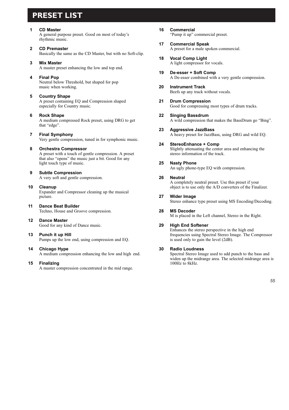 Preset list | TC Electronic Finalizer 96k User Manual | Page 55 / 56
