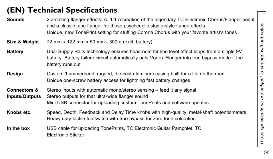 En) technical specifications | TC Electronic Vortex Flanger User Manual | Page 14 / 15