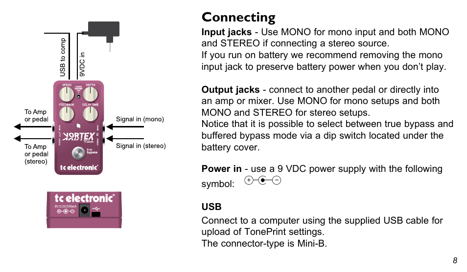 Connecting | TC Electronic Vortex Flanger User Manual | Page 8 / 15
