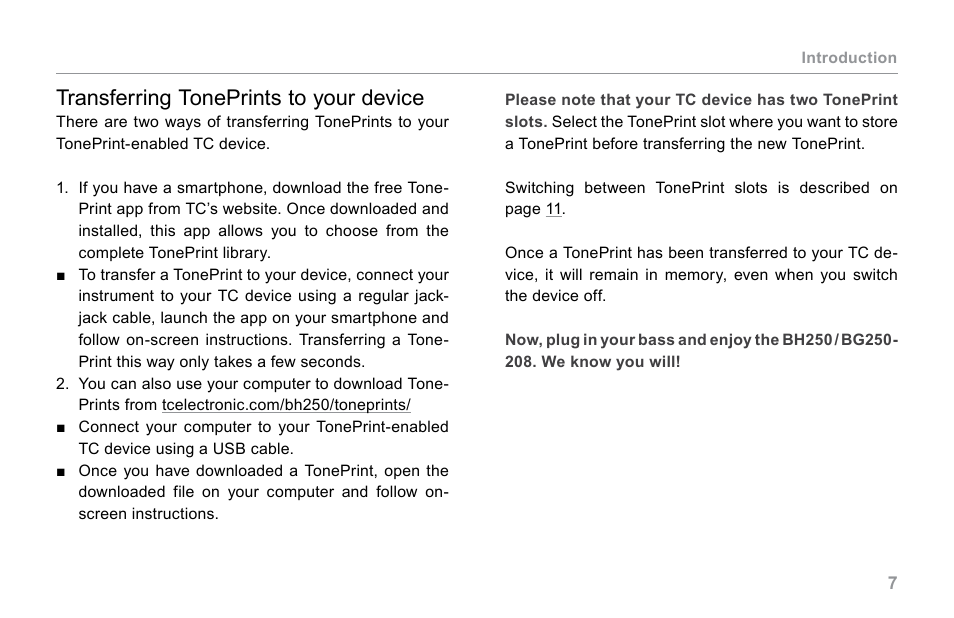 Transferring toneprints to your device | TC Electronic BG250 User Manual | Page 11 / 24
