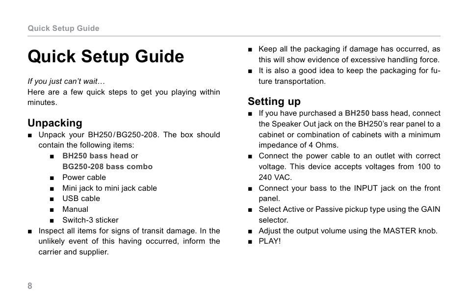 Quick setup guide, Unpacking, Setting up | TC Electronic BG250 User Manual | Page 12 / 24