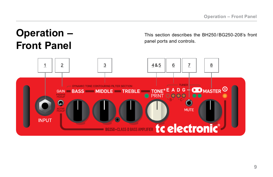 Operation – front panel | TC Electronic BG250 User Manual | Page 13 / 24