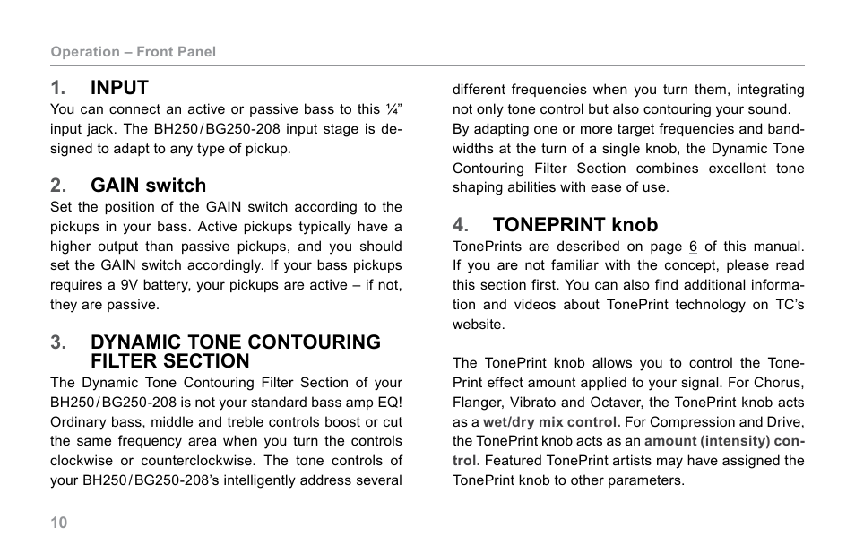 Input, Gain switch, Dynamic tone contouring filter section | Toneprint knob, Tone | TC Electronic BG250 User Manual | Page 14 / 24