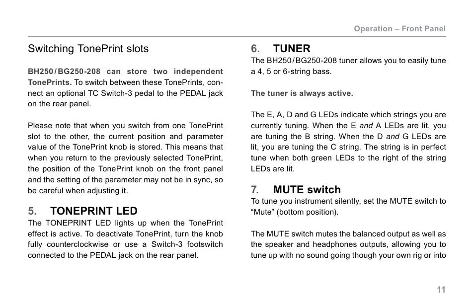 Toneprint led, Tuner, Mute switch | TC Electronic BG250 User Manual | Page 15 / 24