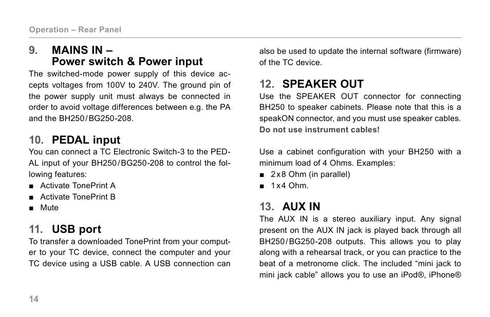 Mains in – power switch & power input, Pedal input, Usb port | Speaker out, Aux in, Mains in, Power switch & power input | TC Electronic BG250 User Manual | Page 18 / 24