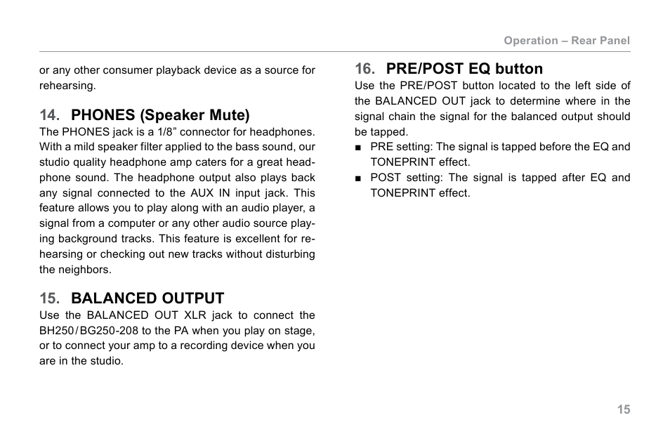 Phones (speaker mute), Balanced output, Pre/post eq switch | TC Electronic BG250 User Manual | Page 19 / 24