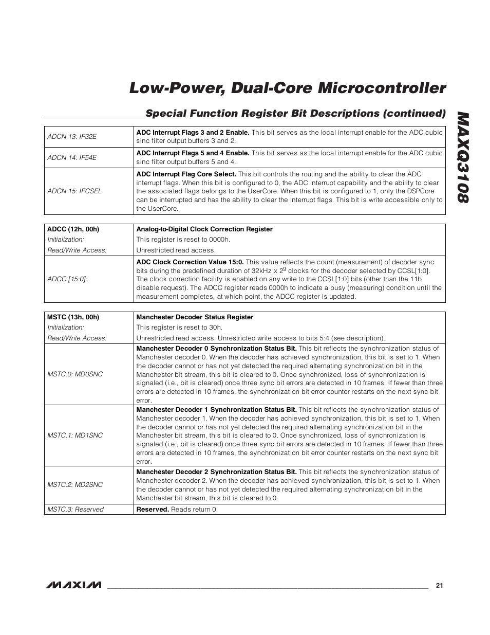 Maxq3108 low-power, dual-core microcontroller | Rainbow Electronics MAXQ3108 User Manual | Page 21 / 64