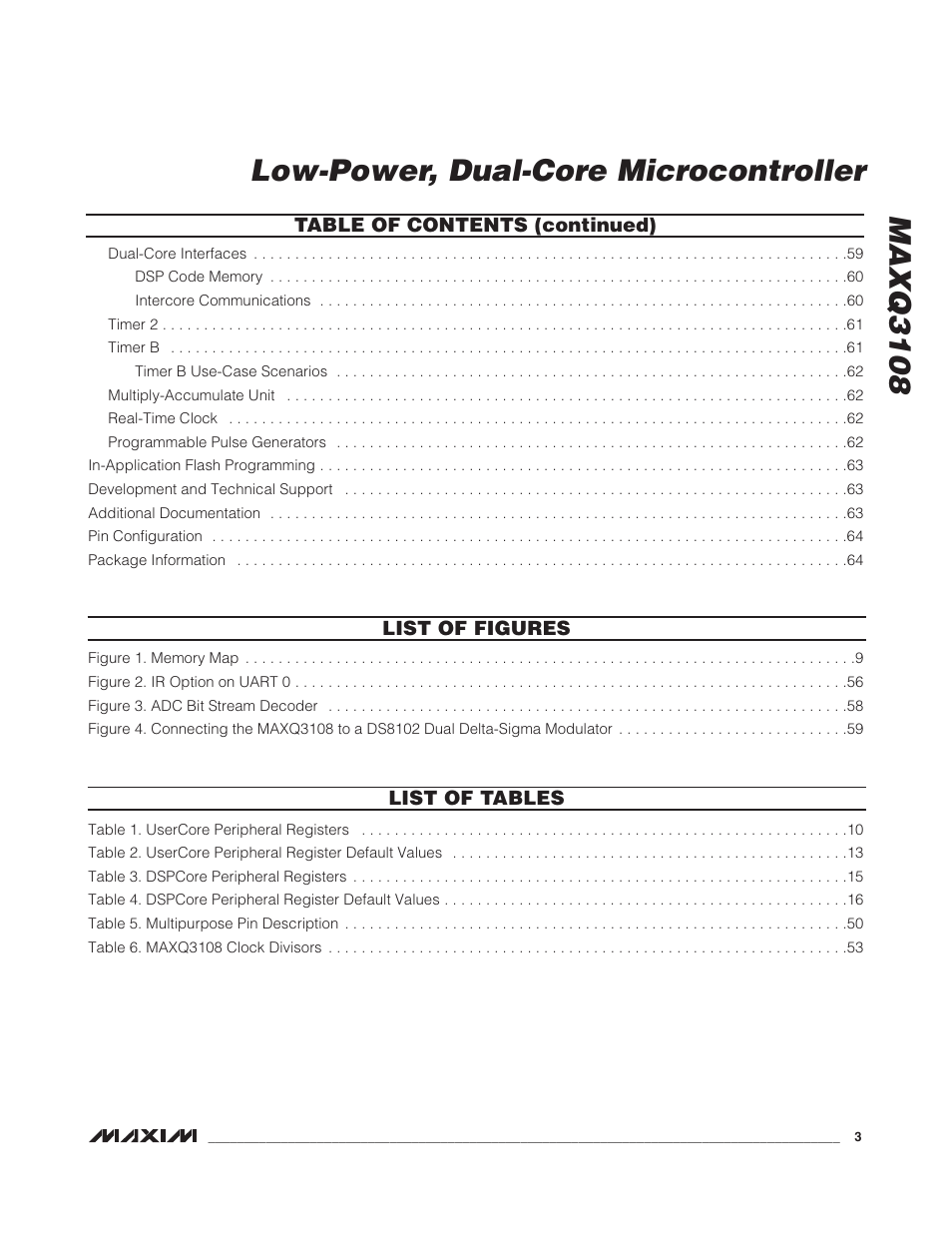 List of figures, List of tables, Maxq3108 low-power, dual-core microcontroller | List of figures list of tables, Table of contents (continued) | Rainbow Electronics MAXQ3108 User Manual | Page 3 / 64