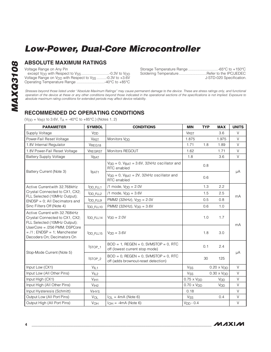 Absolute maximum ratings, Recommended dc operating conditions, Maxq3108 low-power, dual-core microcontroller | Rainbow Electronics MAXQ3108 User Manual | Page 4 / 64