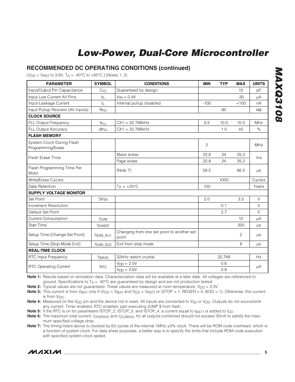 Maxq3108 low-power, dual-core microcontroller, Recommended dc operating conditions (continued) | Rainbow Electronics MAXQ3108 User Manual | Page 5 / 64