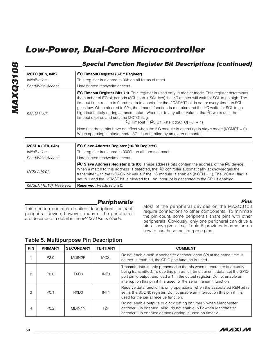 Peripherals, Pins, Table 5. multipurpose pin description | Maxq3108 low-power, dual-core microcontroller | Rainbow Electronics MAXQ3108 User Manual | Page 50 / 64