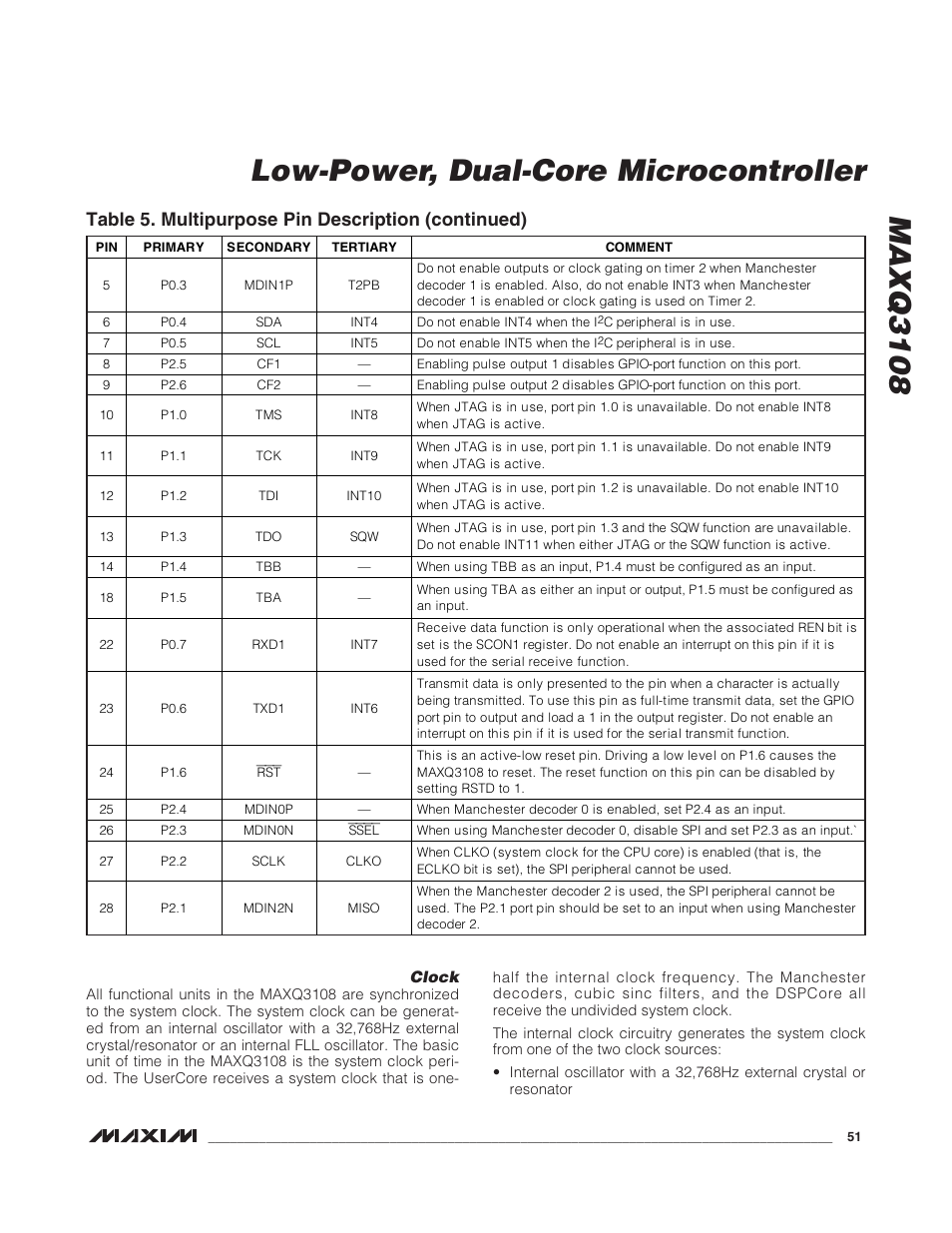 Clock, Maxq3108 low-power, dual-core microcontroller, Table 5. multipurpose pin description (continued) | Rainbow Electronics MAXQ3108 User Manual | Page 51 / 64