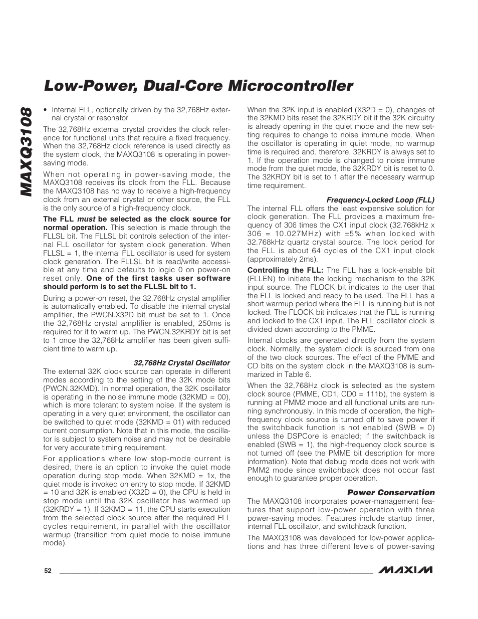 Clock, 32,768hz crystal oscillator, Frequency-locked loop (fll) | Power conservation, Maxq3108 low-power, dual-core microcontroller | Rainbow Electronics MAXQ3108 User Manual | Page 52 / 64