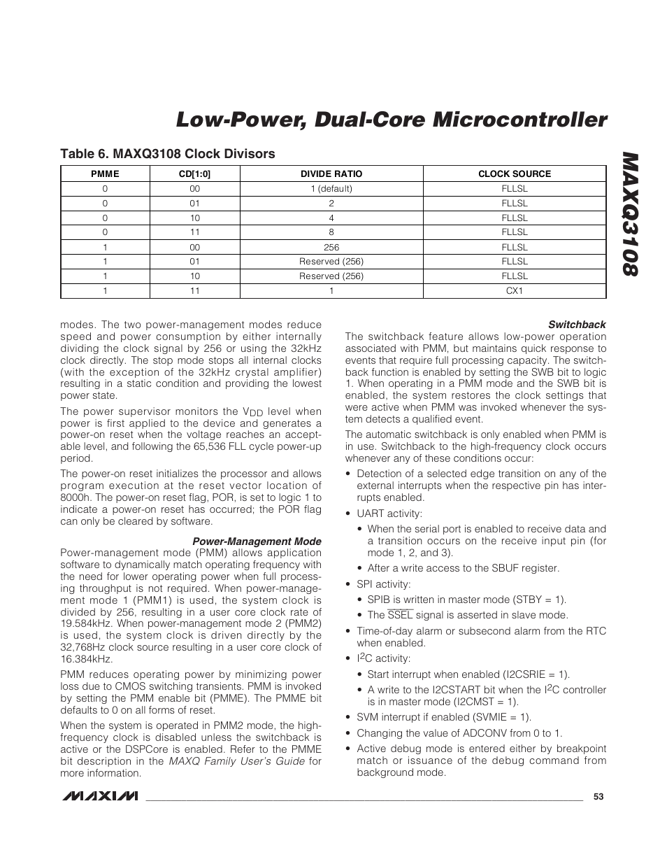 Power-management mode, Switchback, Table 6. maxq3108 clock divisors | Maxq3108 low-power, dual-core microcontroller | Rainbow Electronics MAXQ3108 User Manual | Page 53 / 64