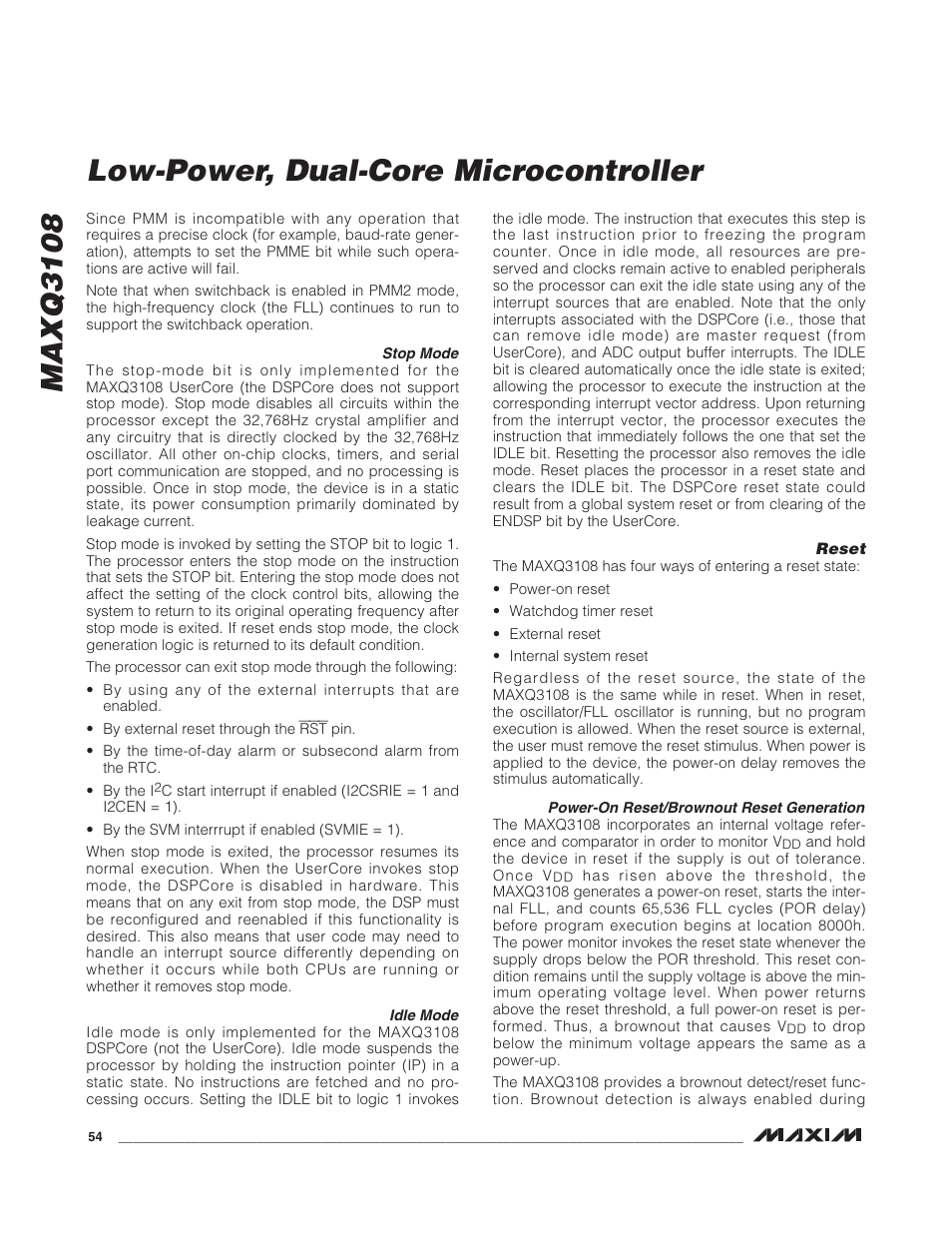 Stop mode, Idle mode, Reset | Power-on reset/brownout reset generation, Maxq3108 low-power, dual-core microcontroller | Rainbow Electronics MAXQ3108 User Manual | Page 54 / 64