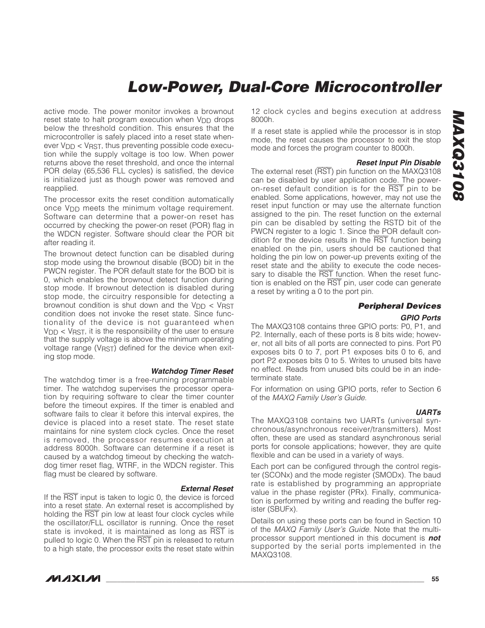 Watchdog timer reset, External reset, Reset input pin disable | Peripheral devices, Gpio ports, Uarts, Maxq3108 low-power, dual-core microcontroller | Rainbow Electronics MAXQ3108 User Manual | Page 55 / 64