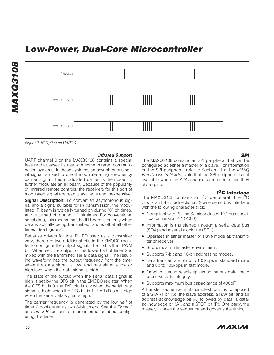 Infrared support, I2c interface, C interface | Figure 2. ir option on uart 0, Maxq3108 low-power, dual-core microcontroller | Rainbow Electronics MAXQ3108 User Manual | Page 56 / 64