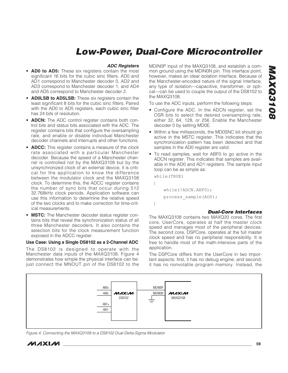 Adc registers, Dual-core interfaces, Maxq3108 low-power, dual-core microcontroller | Rainbow Electronics MAXQ3108 User Manual | Page 59 / 64