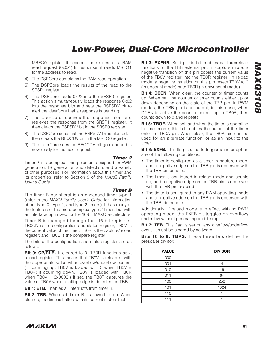 Timer 2, Timer b, Maxq3108 low-power, dual-core microcontroller | Rainbow Electronics MAXQ3108 User Manual | Page 61 / 64