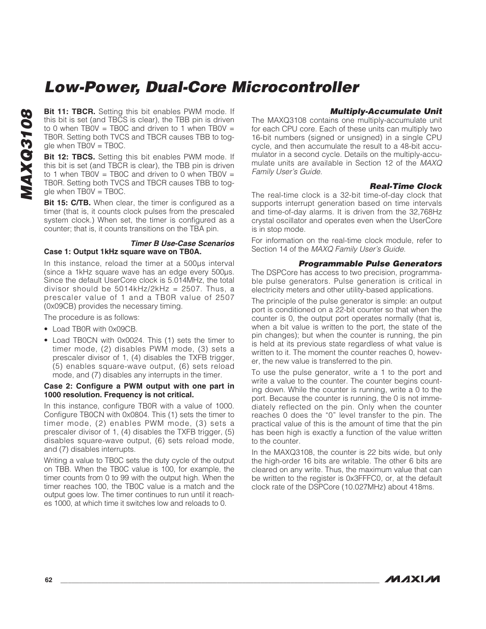 Timer b use-case scenarios, Multiply-accumulate unit, Real-time clock | Programmable pulse generators, Maxq3108 low-power, dual-core microcontroller | Rainbow Electronics MAXQ3108 User Manual | Page 62 / 64