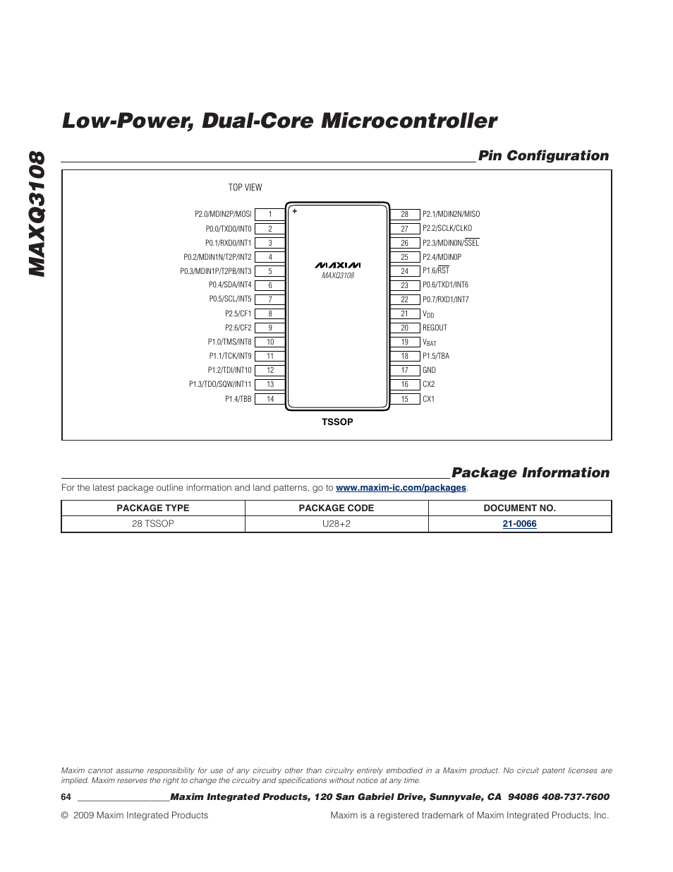 Pin configuration, Package information, Maxq3108 low-power, dual-core microcontroller | Rainbow Electronics MAXQ3108 User Manual | Page 64 / 64