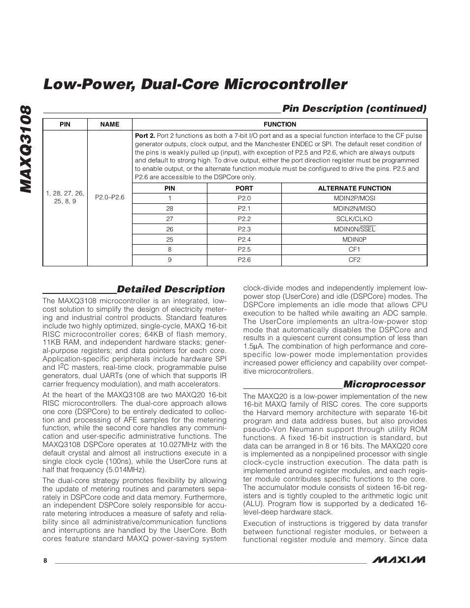 Detailed description, Microprocessor, Maxq3108 low-power, dual-core microcontroller | Pin description (continued) | Rainbow Electronics MAXQ3108 User Manual | Page 8 / 64