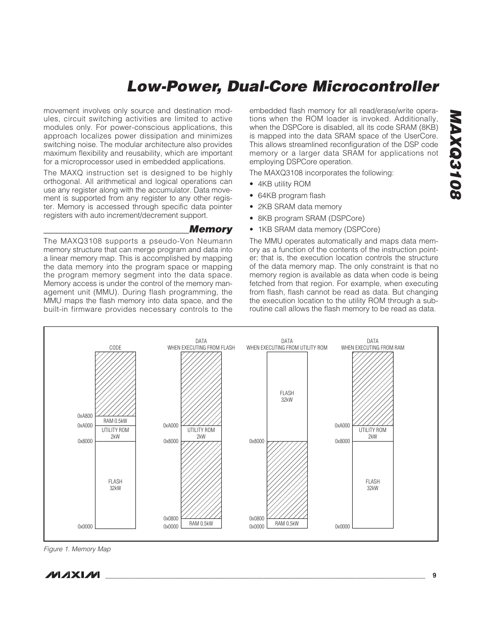Memory, Figure 1. memory map, Maxq3108 low-power, dual-core microcontroller | Rainbow Electronics MAXQ3108 User Manual | Page 9 / 64