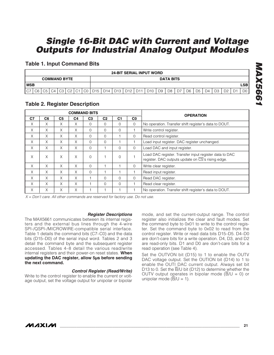 Table 1. input command bits, Table 2. register description | Rainbow Electronics MAX5661 User Manual | Page 21 / 39