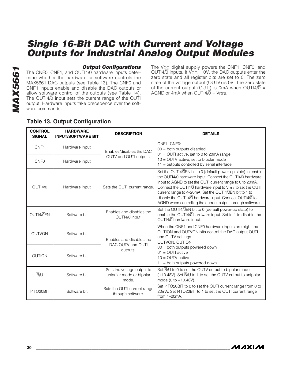 Table 13. output configuration | Rainbow Electronics MAX5661 User Manual | Page 30 / 39