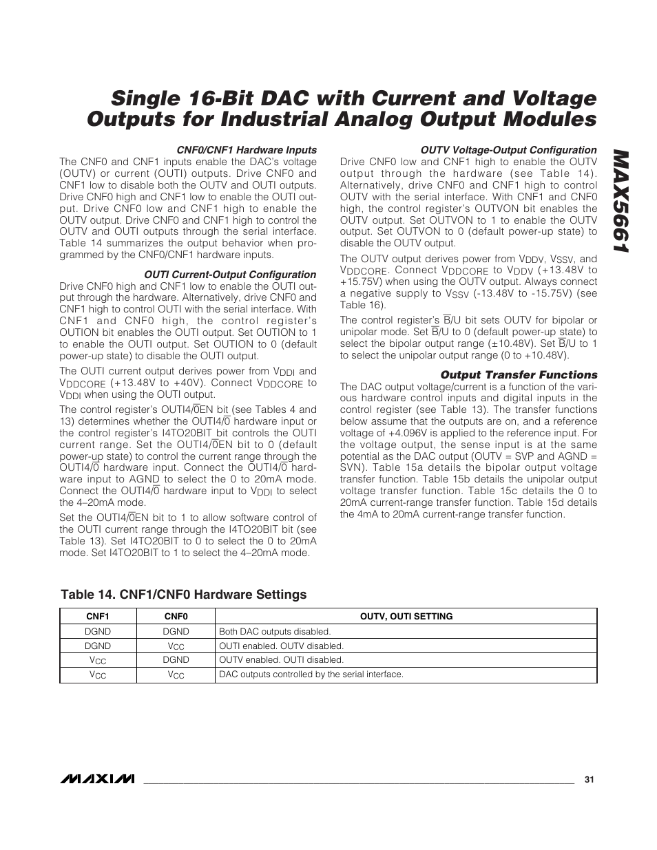 Table 14. cnf1/cnf0 hardware settings | Rainbow Electronics MAX5661 User Manual | Page 31 / 39