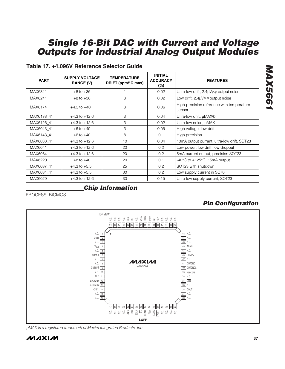 Chip information, Pin configuration, Process: bicmos | Rainbow Electronics MAX5661 User Manual | Page 37 / 39