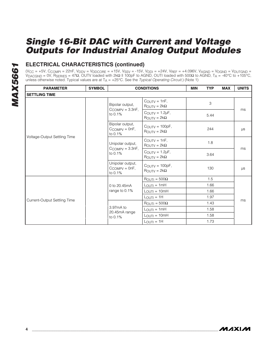 Electrical characteristics (continued) | Rainbow Electronics MAX5661 User Manual | Page 4 / 39