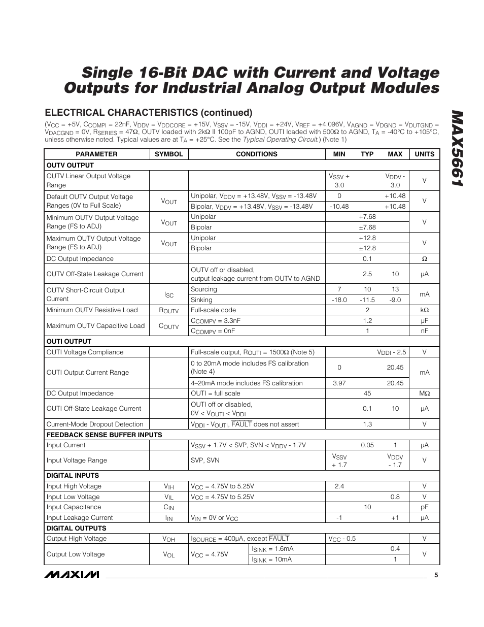 Electrical characteristics (continued) | Rainbow Electronics MAX5661 User Manual | Page 5 / 39