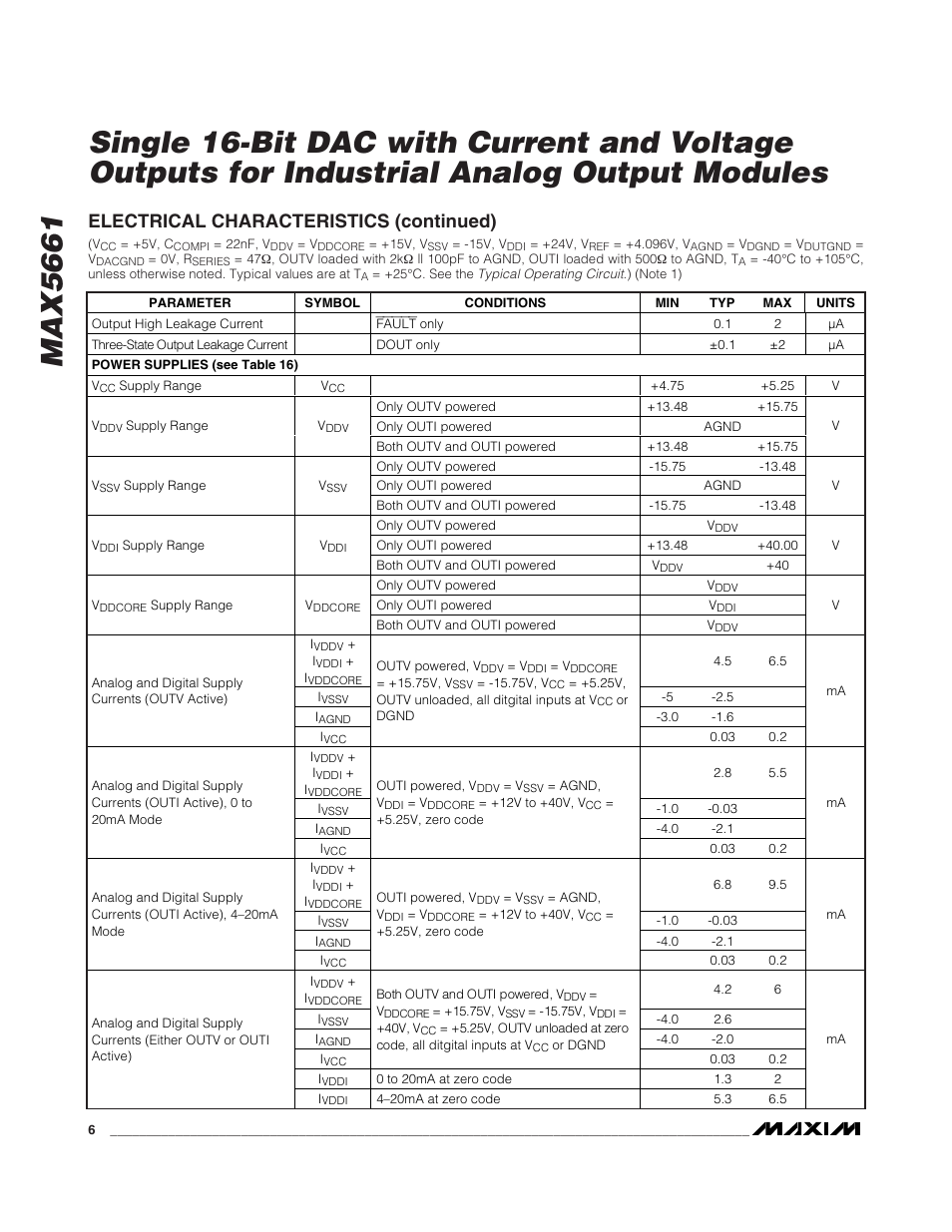Electrical characteristics (continued) | Rainbow Electronics MAX5661 User Manual | Page 6 / 39