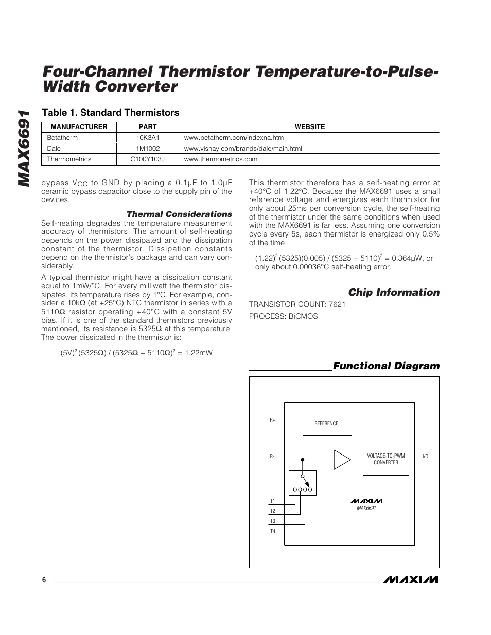 Max6691, Chip information, Functional diagram | Table 1. standard thermistors | Rainbow Electronics MAX6691 User Manual | Page 6 / 7