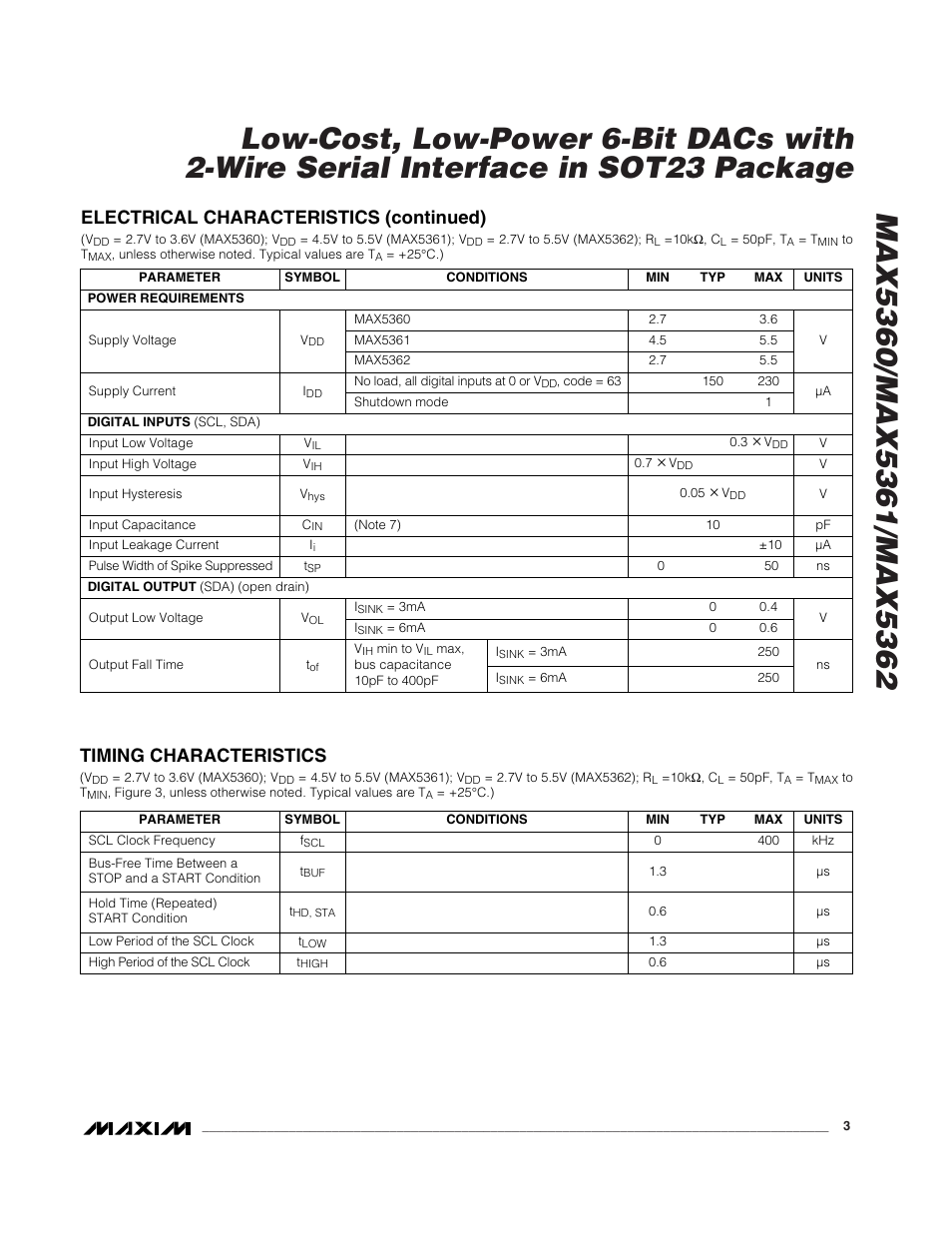 Electrical characteristics (continued), Timing characteristics | Rainbow Electronics MAX5362 User Manual | Page 3 / 12