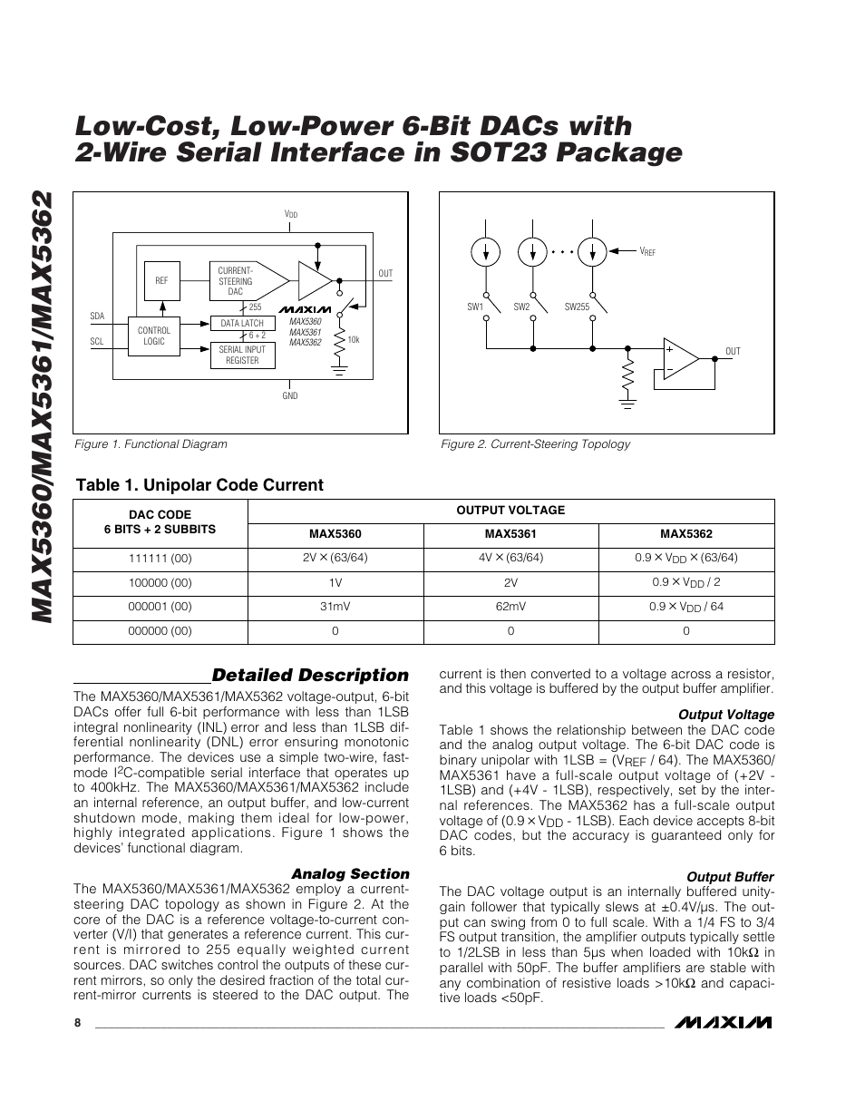 Detailed description, Table 1. unipolar code current | Rainbow Electronics MAX5362 User Manual | Page 8 / 12