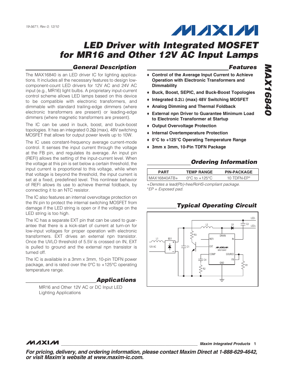 Rainbow Electronics MAX16840 User Manual | 1 page