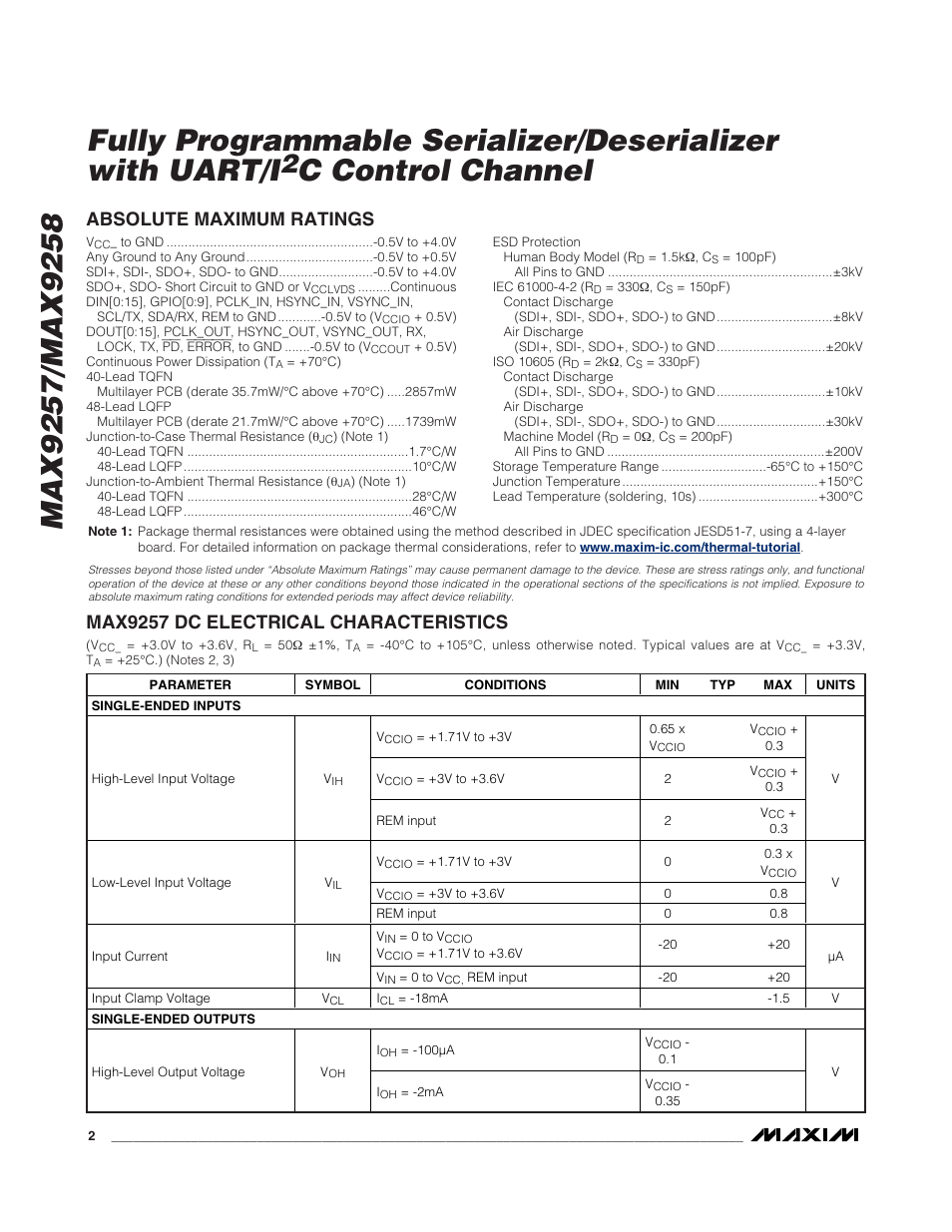 C control channel, Absolute maximum ratings, Max9257 dc electrical characteristics | Rainbow Electronics MAX9258 User Manual | Page 2 / 54
