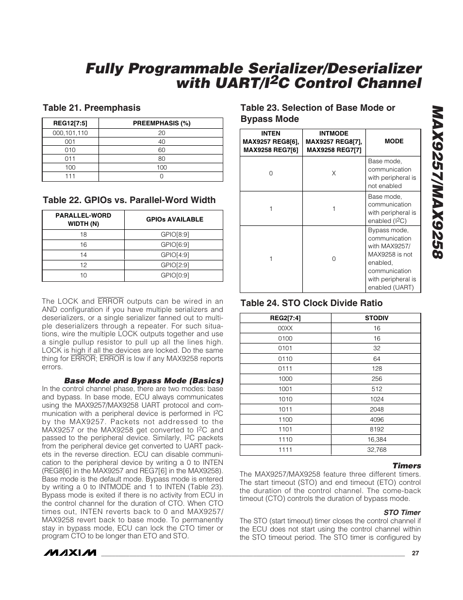 C control channel, Table 21. preemphasis, Table 22. gpios vs. parallel-word width | Table 23. selection of base mode or bypass mode, Table 24. sto clock divide ratio | Rainbow Electronics MAX9258 User Manual | Page 27 / 54