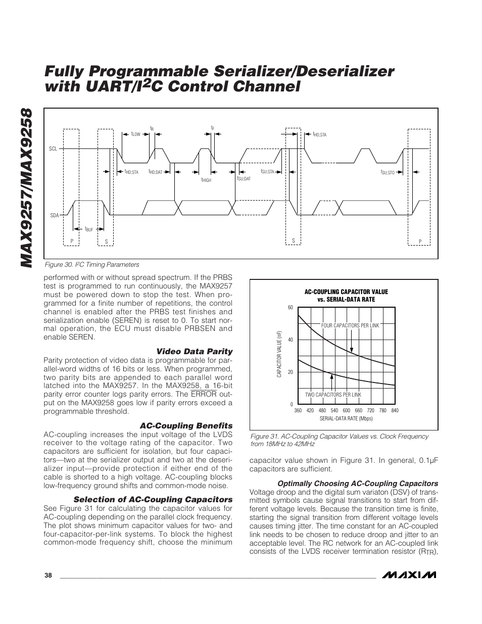 C control channel, Video data parity, Ac-coupling benefits | Selection of ac-coupling capacitors | Rainbow Electronics MAX9258 User Manual | Page 38 / 54