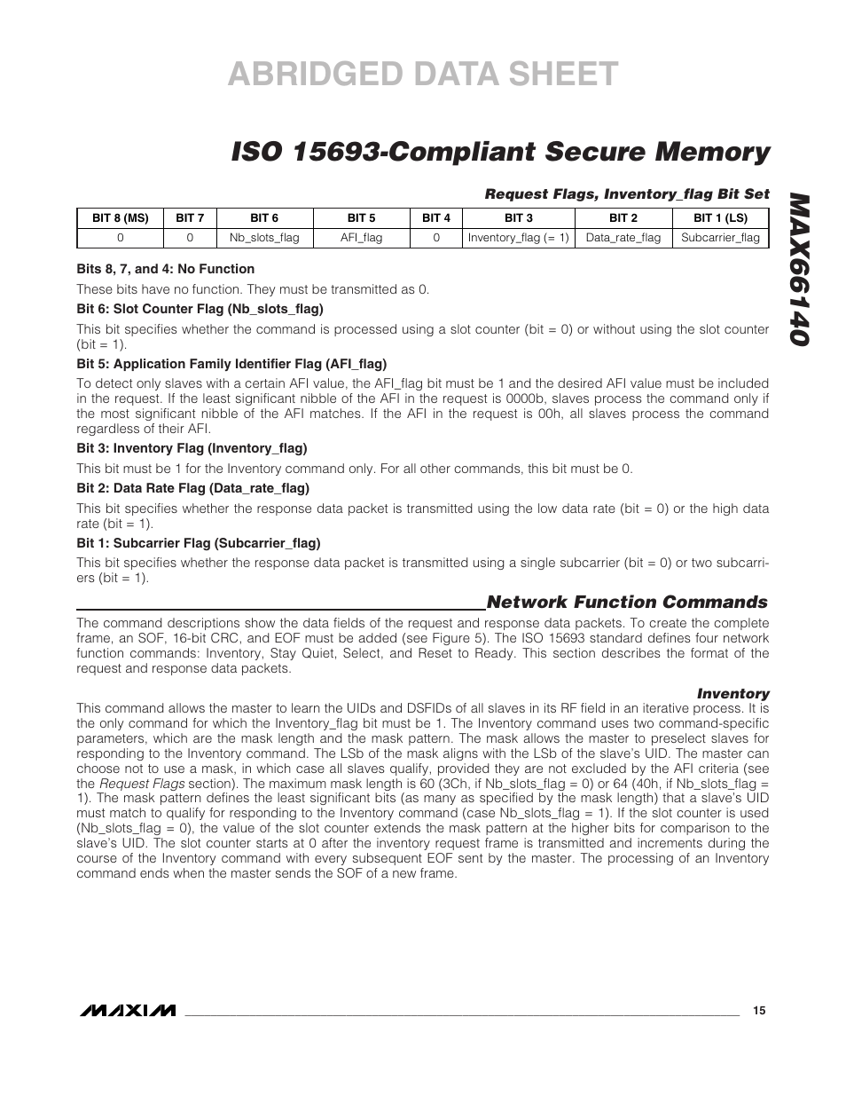 Abridged data sheet, Network function commands | Rainbow Electronics MAX66140 User Manual | Page 13 / 21