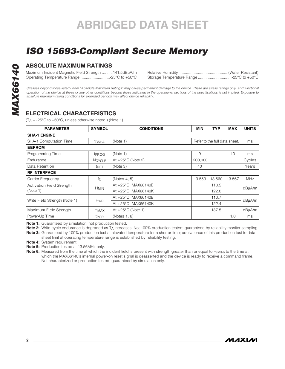 Abridged data sheet | Rainbow Electronics MAX66140 User Manual | Page 2 / 21