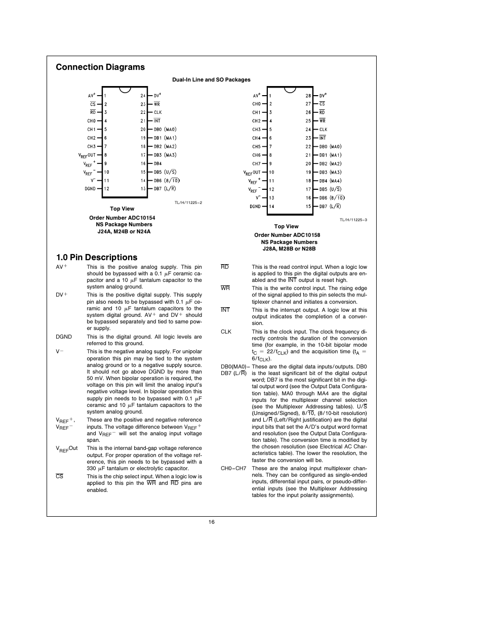 Connection diagrams, 1 0 pin descriptions | Rainbow Electronics ADC10158 User Manual | Page 16 / 26