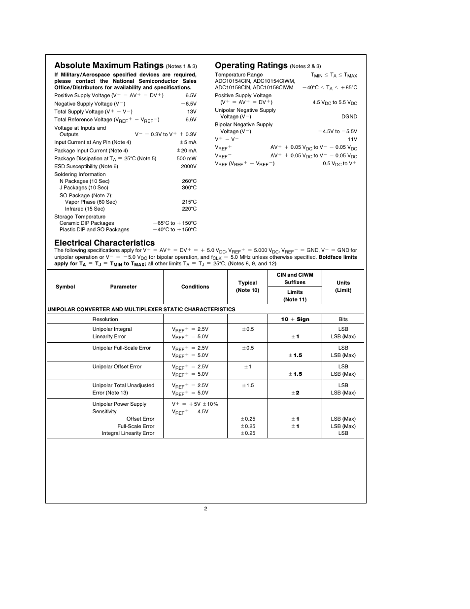 Absolute maximum ratings, Operating ratings, Electrical characteristics | Rainbow Electronics ADC10158 User Manual | Page 2 / 26