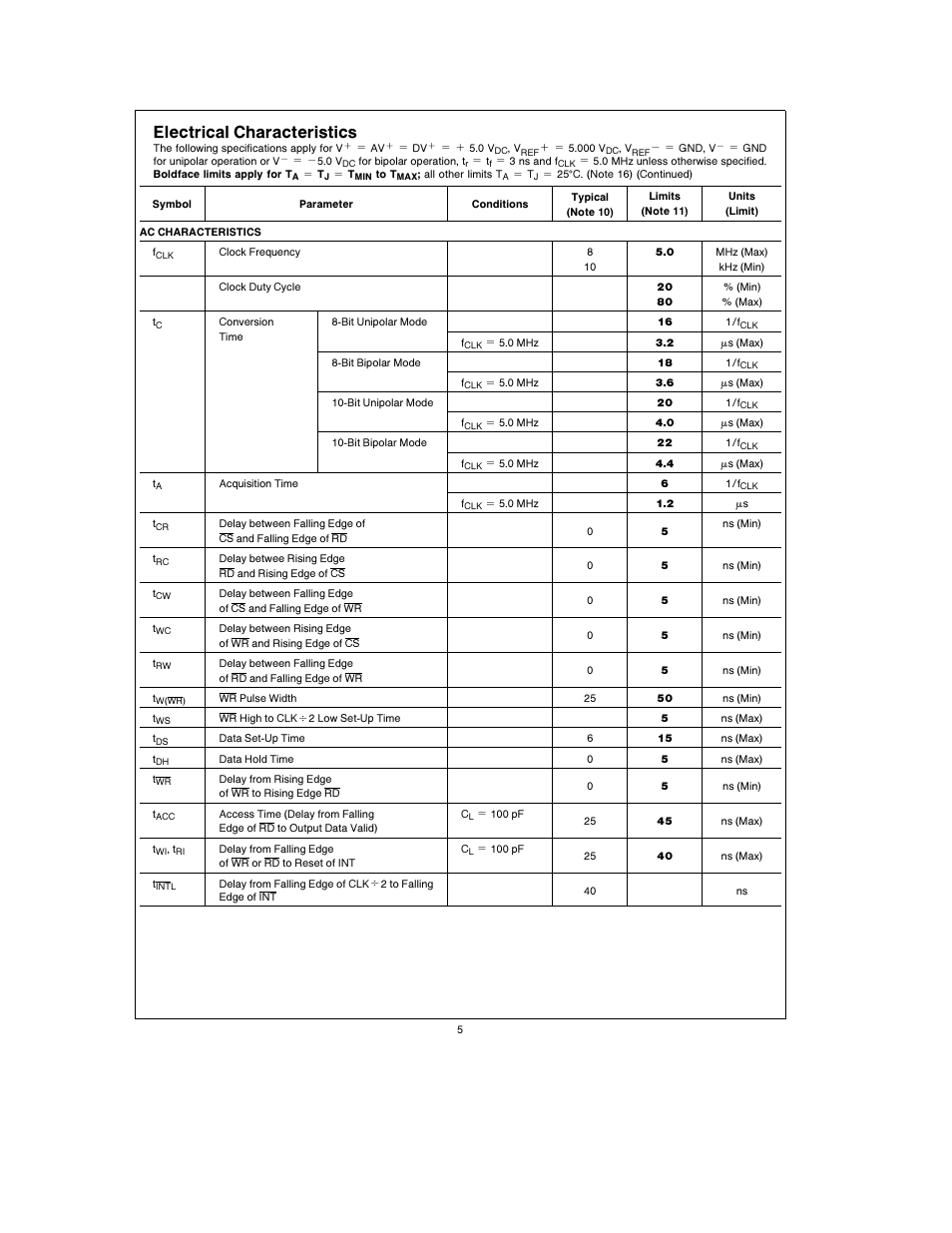 Electrical characteristics | Rainbow Electronics ADC10158 User Manual | Page 5 / 26